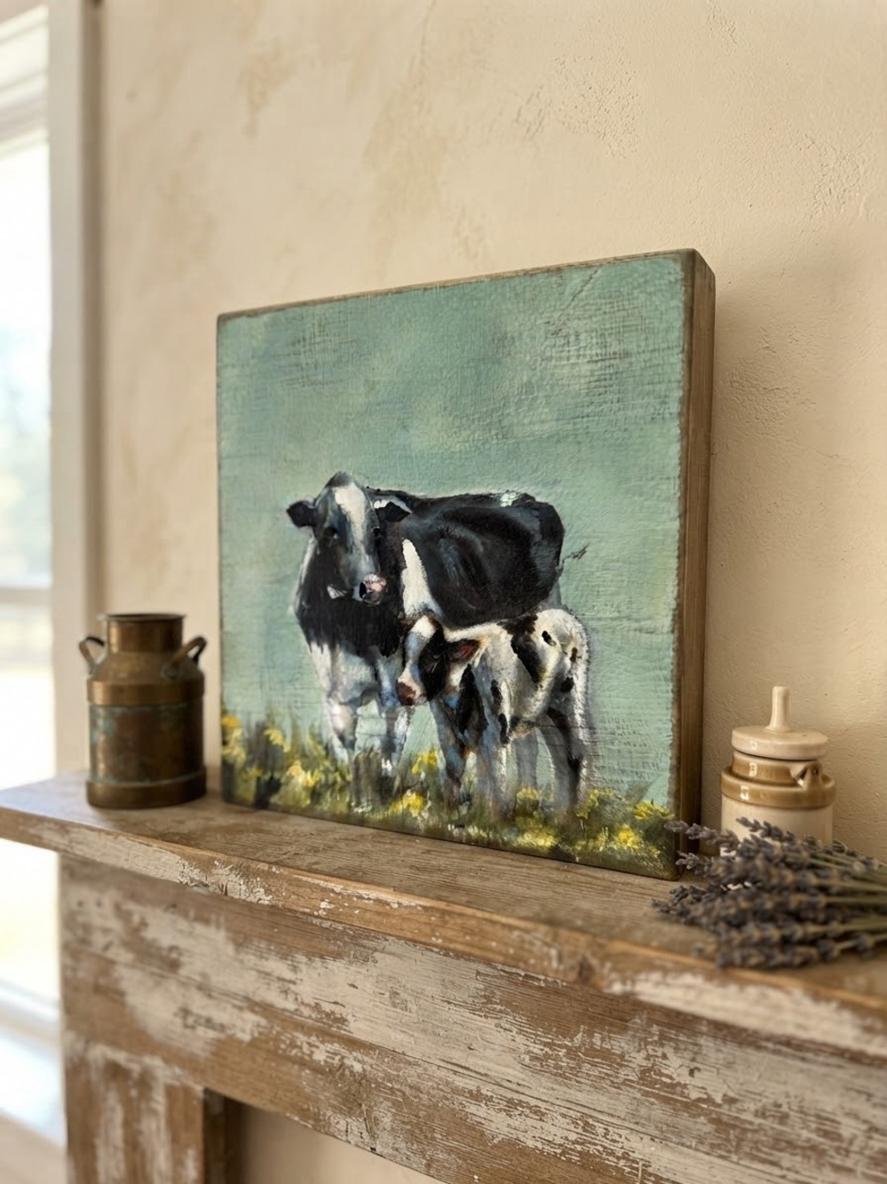 Black & White Cow Canvas Art on Teal Background